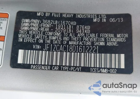 2013 Subaru Brz Limited из США, поврежденный, VIN JF1ZCAC18D1612221